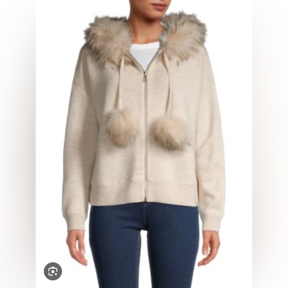 Alice and Olivia Oscar Silver Fox Fur-Trim Zip-Front Hoodie - Picture 1 of 4